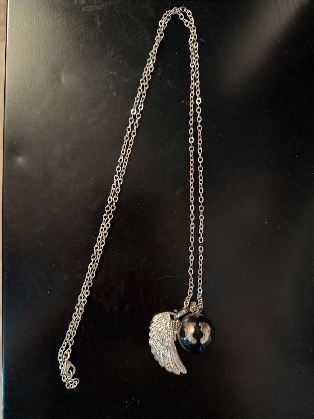 Silver Wing Pendant Necklace with Black Globe Charm - Women's Jewelry